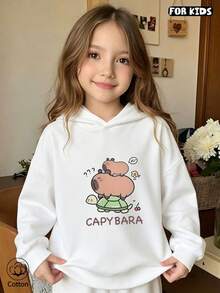 Kids Cartoon Capybara Print Loose Fit Hooded Sweatshirt, Breathable Cotton Long Sleeve Pullover For Daily Wear In Spring & Autumn, Cute Casual Gift - White - View 3