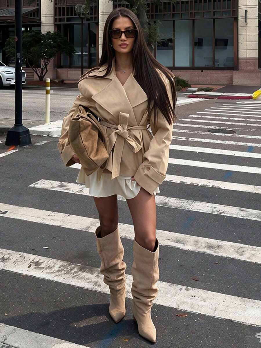 休閒優雅米色寬鬆外套 春秋冬 Y2K 風格 女款辦公外套 度假派對外套 - 卡其色 - 查看 1