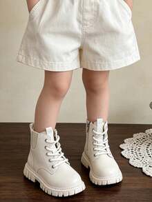 1 Pair Kids Classic Lace-Up Boots With Side Zipper For Easy On/Off, Leather Boots Suitable For Daily Wear, Casual Outings, School Commute, Autumn/Winter - Beige - View 2