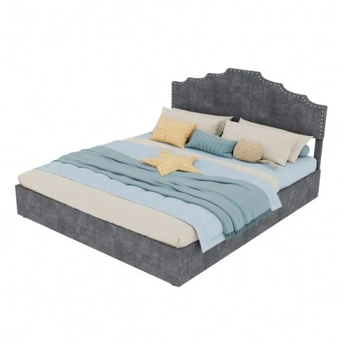 Modern Minimalist Upholstered Bed, Comfortable And Soft Headboard, Multifunctional Bedroom Furniture, High Box Spring Bed Frame With Gas-Pressure Spring, Including 140*200cm Mattress. - 灰色 - 查看 1