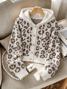Women's Beige Brown Leopard Print Hooded Button Down Drawstring Cropped Knit Cardigan Y2K Vintage Chic Halloween Christmas New Year Party Fall Winter - Multicolor - View 1