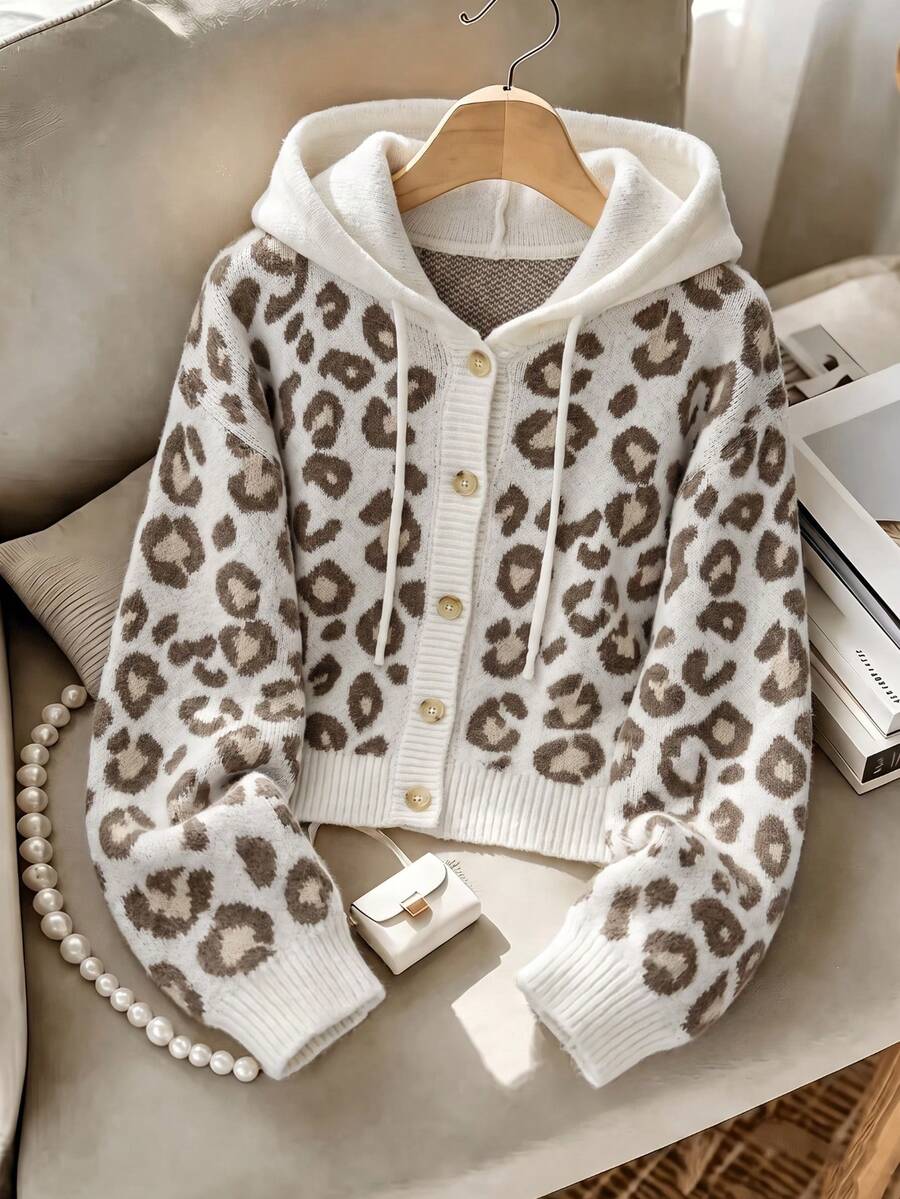 Women's Beige Brown Leopard Print Hooded Button Down Drawstring Cropped Knit Cardigan Y2K Vintage Chic Halloween Christmas New Year Party Fall Winter - Multicolor - View 1