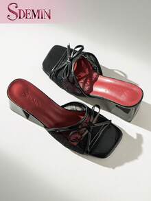 SDEMIN Black Heels For Women, Square Open Toe Lace Bow Block Heel Mules Slip-On Sandals, Elegant Dressy Party Evening Shoes - Black - View 5