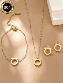 D Letter Geometric Circle Stainless Steel Jewelry 3 Pieces Set, 18K Gold Necklace, Bracelet, Earrings Luxury Set, Suitable For Women's Daily And Party Wear - Gold - View 2