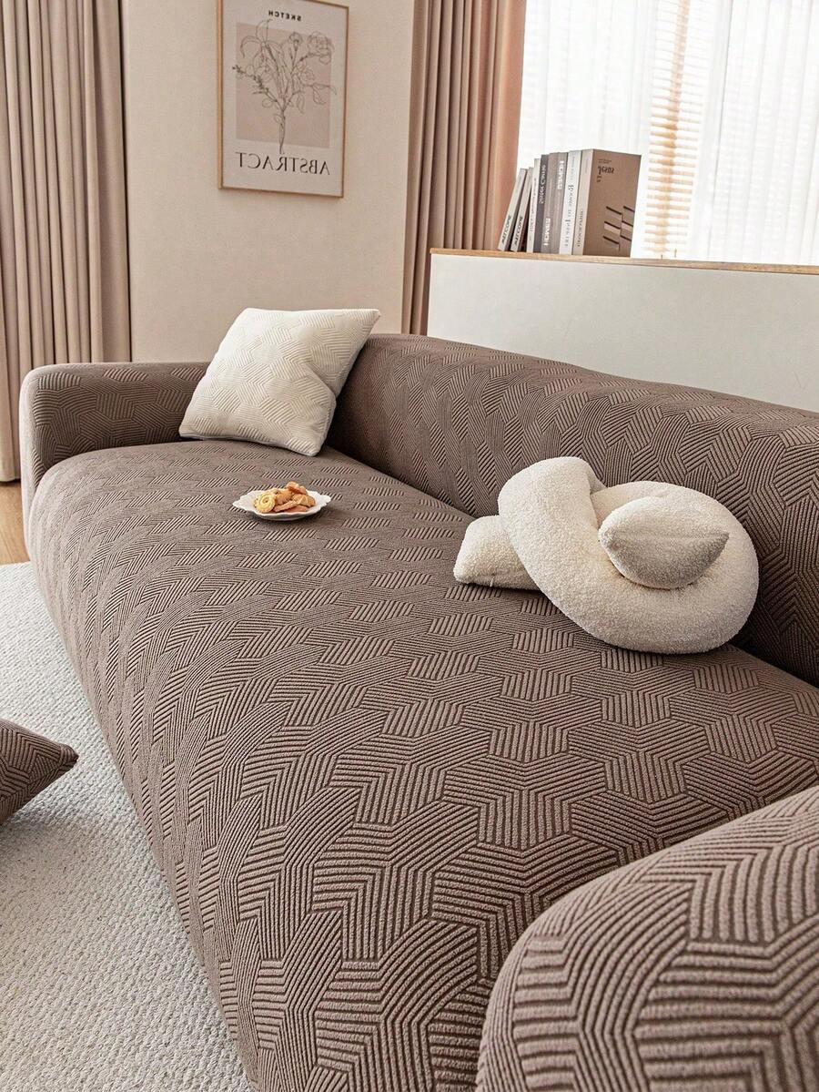 1pc Autumn/Winter Plush Material 3D Sofa Cover, Multi-Functional Full Coverage Sofa Protector, Solid Color Geometric Pattern Design, Pet-Friendly Sofa Protection Holiday Decor Sofa Cover, High Elasticity Full Coverage One-Piece Sofa Cover, Suitable For 1/2/3/4 Seater - Khaki - View 1