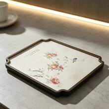 New Chinese Style Floral Bird Peach Print Wooden Tray, Tea Room Tea Set Storage Display Plate, Desktop Decor Tea Tray - Multicolor - View 1