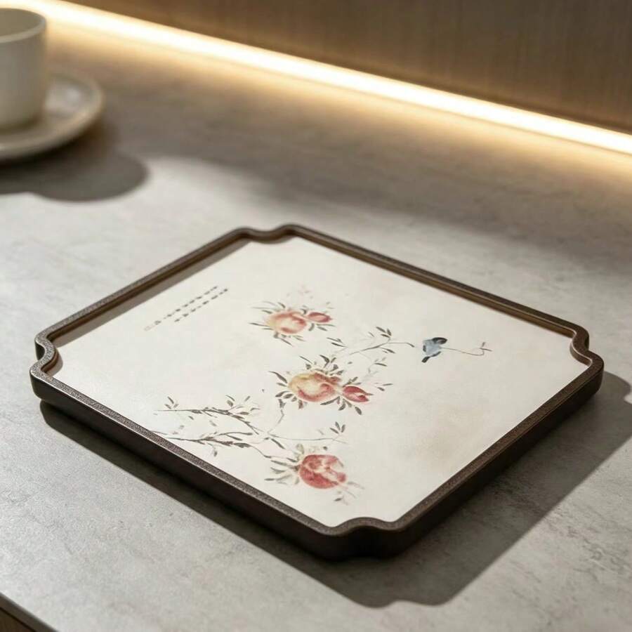 New Chinese Style Floral Bird Peach Print Wooden Tray, Tea Room Tea Set Storage Display Plate, Desktop Decor Tea Tray - Multicolor - View 1