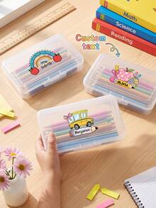1pc Personalized Custom Name Clear Plastic Pencil Box, Cute Cartoon Print Stationery Storage Case, Stackable Transparent Pen Organizer, Back To School Gift For School Supplies - Multicolor - View 1