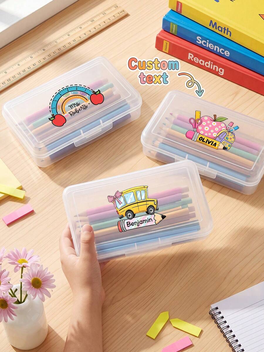 1pc Personalized Custom Name Clear Plastic Pencil Box, Cute Cartoon Print Stationery Storage Case, Stackable Transparent Pen Organizer, Back To School Gift For School Supplies - Multicolor - View 1