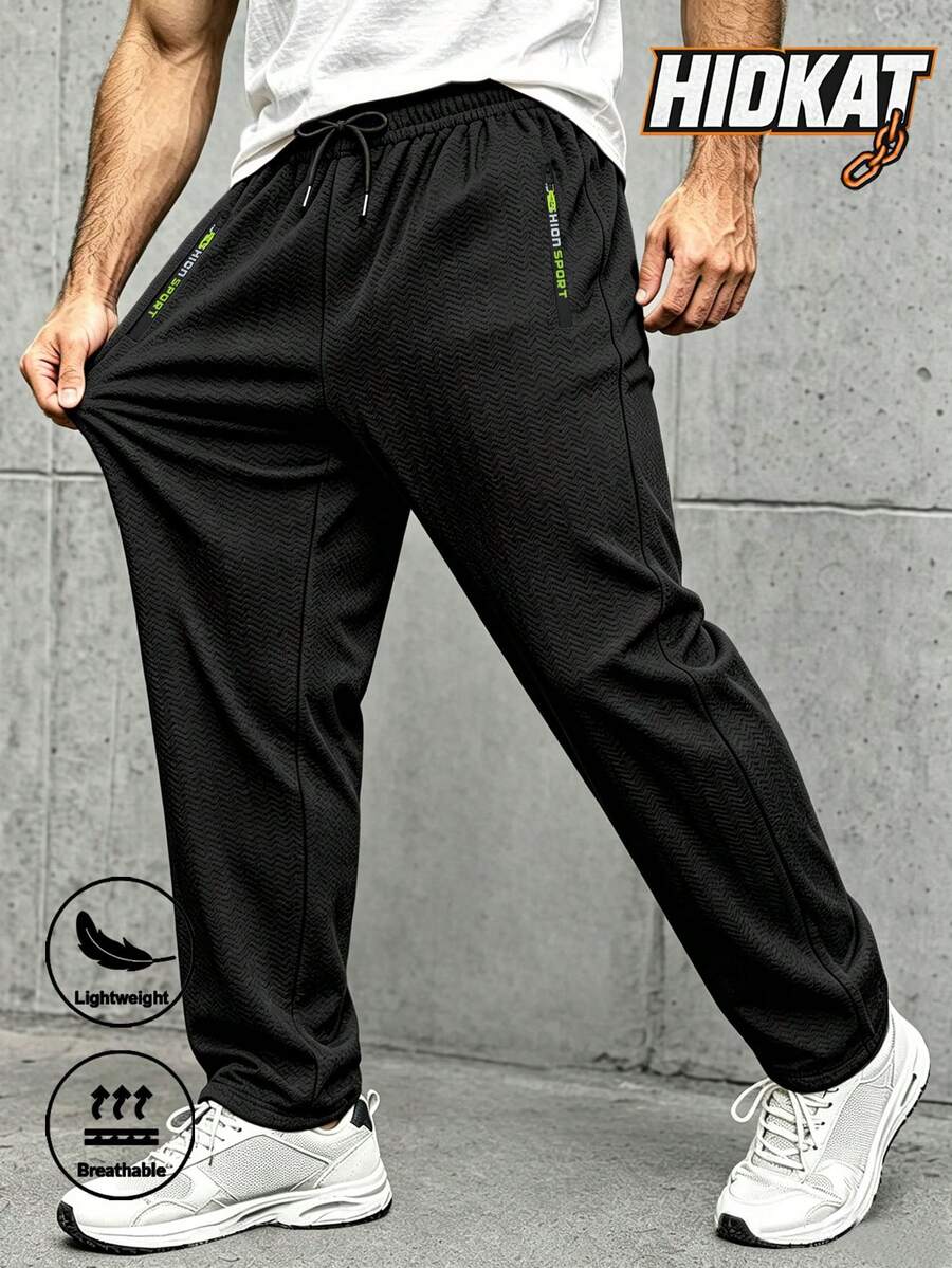 Hidkat Men's Textured Athletic Long Pants, Solid Color, Minimalist, Lightweight, Elastic Waist With Drawstring, Casual Streetwear, Daily Sports, Spring/Autumn - Black - View 1