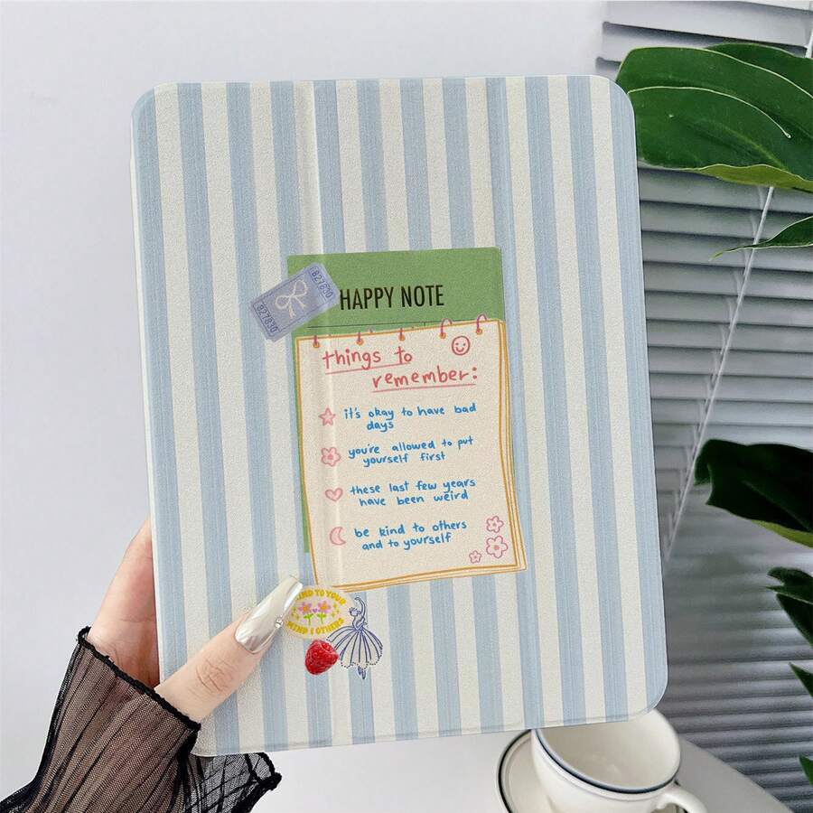 1pc Blue & Beige Vertical Striped Happy Note Sticker Collage Print Tablet Protective Case, With Pen Slot, Multi-Angle Magnetic Stand, Supports Auto Sleep/Wake, Compatible With IPad Pro/Air, Pad 5/6/7, MatePad