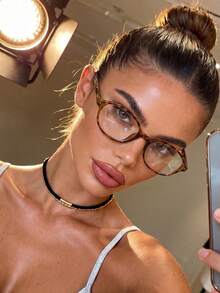 1 Pair Women's Oval Plain Lens Glasses, Minimalist Fashion Style For College And Commuting, Suitable For Computer, Gaming, TV, Clear Lenses - Leopard Print - View 1