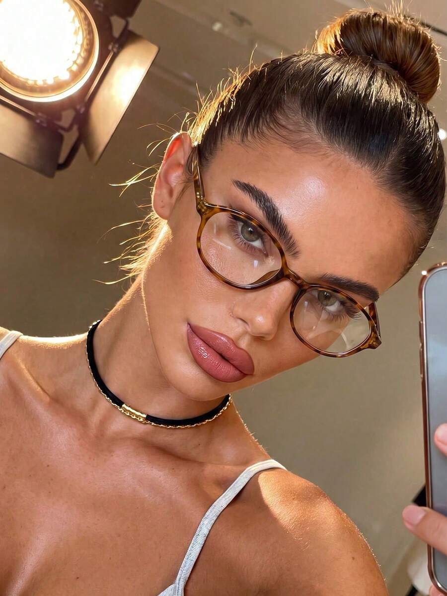 1 Pair Women's Oval Plain Lens Glasses, Minimalist Fashion Style For College And Commuting, Suitable For Computer, Gaming, TV, Clear Lenses - Leopard Print - View 1