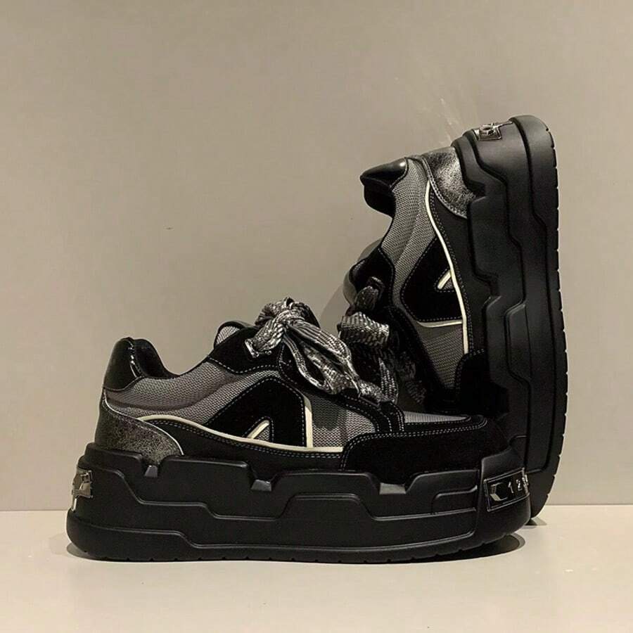 Thick Sole Height-Increasing Retro Bread Shoes With Chunky Strap Design, Non-Slip Wear-Resistant Casual Sports Shoes, Street Style Versatile Daily Commute Comfortable Chunky Sneakers - Black - View 1