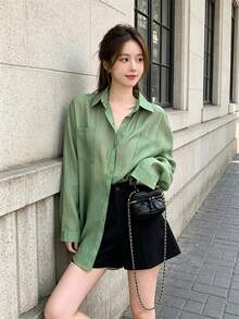 女式时尚纯色图案前口袋落肩大码衬衫 - 綠色 - 查看 2