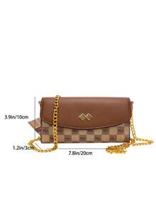 Classic Checkerboard Patchwork Contrast Color Shoulder Bag, Horizontal Compact Body Can Store Phone, Lipstick, Powder, Keys And Other Small Personal Items, Paired With Metal Chain Shoulder Strap, Flap Magnetic Closure, Suitable For Commuting, Work, Dating, Shopping And Daily Outings - Khaki - View 2
