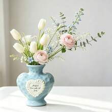 1pc Light Blue Heart-Shaped Ceramic Vase Set, Embossed Heart-Shaped Text Decor Vase, Modern Farmhouse Style Home Living Room Tabletop Centerpiece - Multicolor - View 5