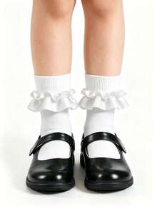 6/1 Pair Girls Lace Ruffle Trim Mid-Calf Socks, Soft Navy Blue And White School Uniform Daily Wear Socks, Autumn/Winter Halloween - Multicolor - View 3