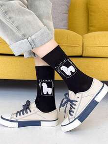 3/6 Pairs Women's 3D Flocked Alpaca Mid-Calf Socks, Black White Gray Minimalist Cute Animal Socks, Suitable For Daily Sports Shoes Matching - Multicolor - View 5