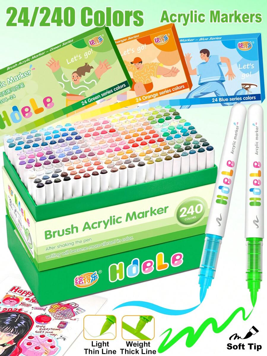 24/240 Colors HdeLe Acrylic Paint Markers, Flexible Soft Brush Tip, Water-Based Ink Smooth Writing, Gradient Blendable Art Pens, Suitable For Handwriting, Stone Painting, Shoe Customization, DIY Craft Projects