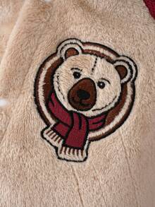 Autumn/Winter Plush Baby Hooded Footed Romper, Bear Embroidery Colorblock Raglan Sleeve Thickened Warm Crawler Suit - Brown - View 6