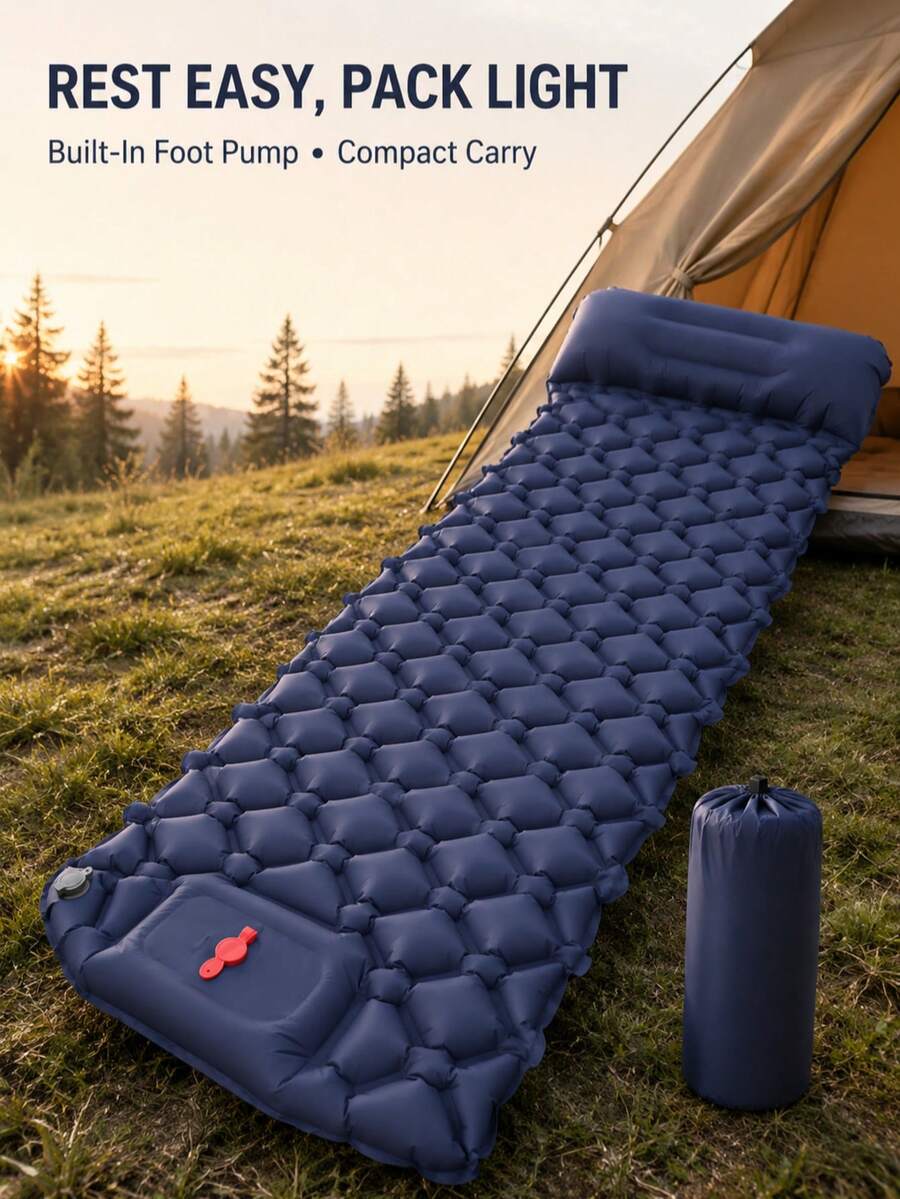 Single Person Camping Inflatable Sleeping Pad With Pillow, Built-In Foot Pump, 40D Nylon TPU Material, Suitable For Tent, Backpacking, Napping, Inflatable Mattress, Camping Essentials, Outdoor Inflatable Camping Bed
