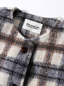Premium Chic Contrast Color Plaid Winter Short Overcoat Patchwork Top Elegant Travel Casual Vacation - Apricot - View 3