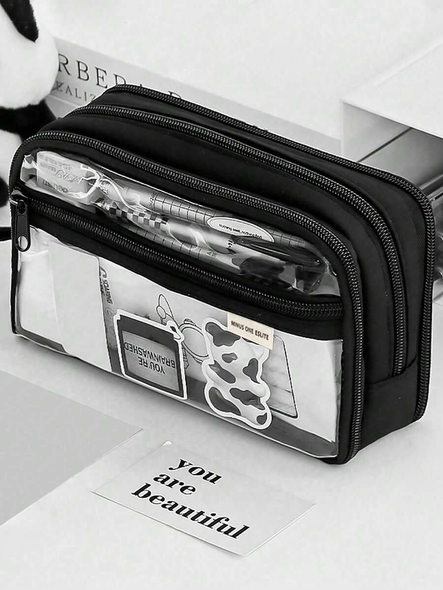Tempat Pensil Kapasitas Besar - Desain Multi-Lapisan Transparan, Kotak Penyimpanan Meja Portabel, Kain Lembut, Banyak Kompartemen, Sempurna untuk Penggunaan Kantor, Resleting Tahan Lama. Aksesoris Tidak Termasuk. Kembali ke Sekolah, Perlengkapan Sekolah, Tempat Pensil, Ransel - MultiWarna - View 1
