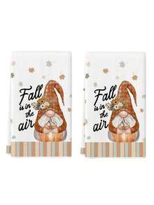 2Pcs Fall Is In The Air Gnome Pumpkin Kitchen Towel Set, Plaid Hat Gnome Floral Maple Leaf Farmhouse Fall Thanksgiving Dish Hand Towels - White - View 6