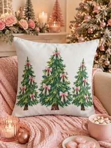 Christmas Table Runner, Throw Pillow, Placemat With Pink Bow And Christmas Tree Print, Minimalist Fresh Style, Holiday Kitchen Dining Table Decor - Multicolor - View 7