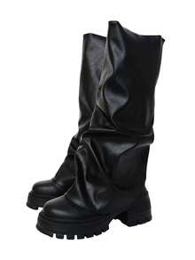 planare Sepatu Bot Wanita Gaya Jalanan Berkerut Bertumpuk Tinggi, Sepatu Bot Sol Platform Tebal dengan Betis Lebar, Sepatu Bot Berkuda Panjang Hitam - Hitam - View 10