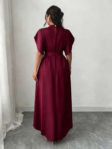 Elegant Plus Size Burgundy Dress, Short Petal Sleeves, Stand Collar, Pleated Asymmetric Hem, Perfect Choice For Autumn - Burgundy - View 5