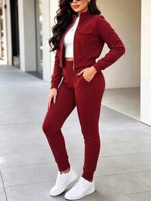 Setelan Wanita 2 Potong Terbaru Musim Semi, Gugur, dan Musim Dingin, Warna Polos Kasual dengan Jaket Pendek Berresleting & Celana Panjang Ketat dengan Pinggang Elastis dan Kantong, Setelan Elegan - Burgundy - View 2