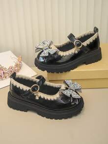 Girls' Rhinestone Bow Mary Jane Shoes, Buckle Strap Thick Sole Non-Slip Princess Shoes - Black - View 4