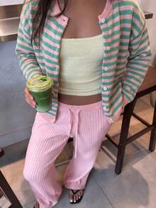 1pc Women's Striped Button-Up Cardigan, College Style Knit Jacket, Dropped Shoulder Long Sleeve Top Suitable For Dating, Streetwear And Outings - Pink - View 3