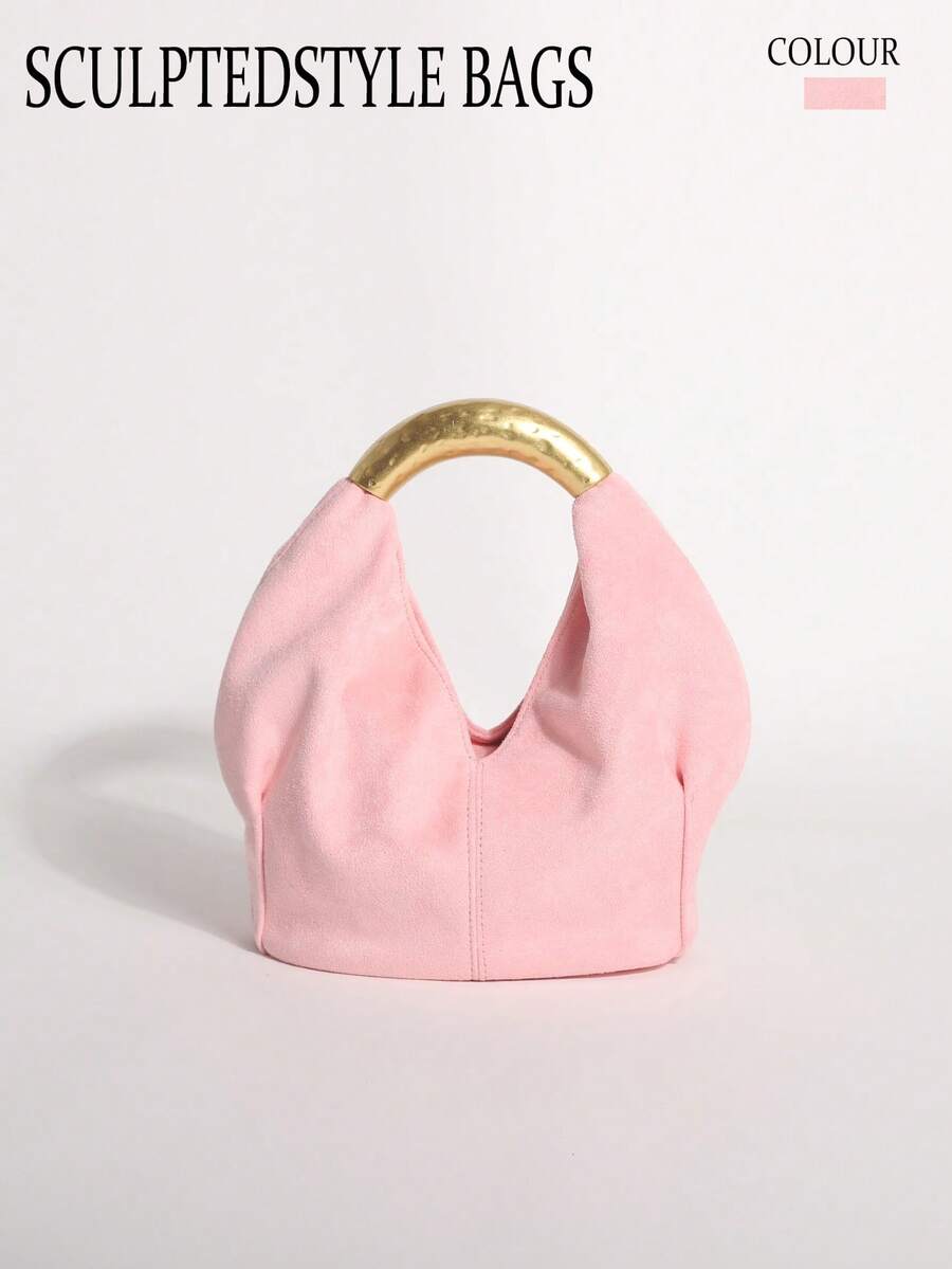 1pc Light Pink Textured Velvet Ruffled Design Vintage Metal Hardware Handbag, Exquisite Fashion Zipper Bucket Bag, Suitable For Commuting And Shopping - Baby Pink - View 1