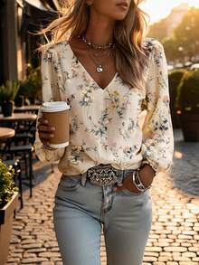 Women's Pink Floral Random Print V-Neck Blouse, Lightweight Linen Printed Shirt, Long Sleeve Puff Sleeve Loose Casual Top, Breathable Flowy Blouse, Suitable For Daily Wear, Vacation, Yoga, Outdoor Activities, Spring Summer Autumn Fashion Random Print Women's Shirt - Milky - View 3
