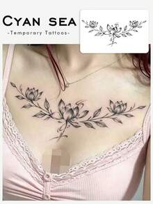 1pc Herbal Temporary Tattoo Sticker, Black‑Grey Dot‑Work Three Lotus With Branches And Leaves Pattern, Realistic Fake Tattoo Design, Suitable For Daily, Bachelorette Party Favors, Music Festivals, Game, Graduation Gifts, Lasts 7‑14 Days - Black - View 1