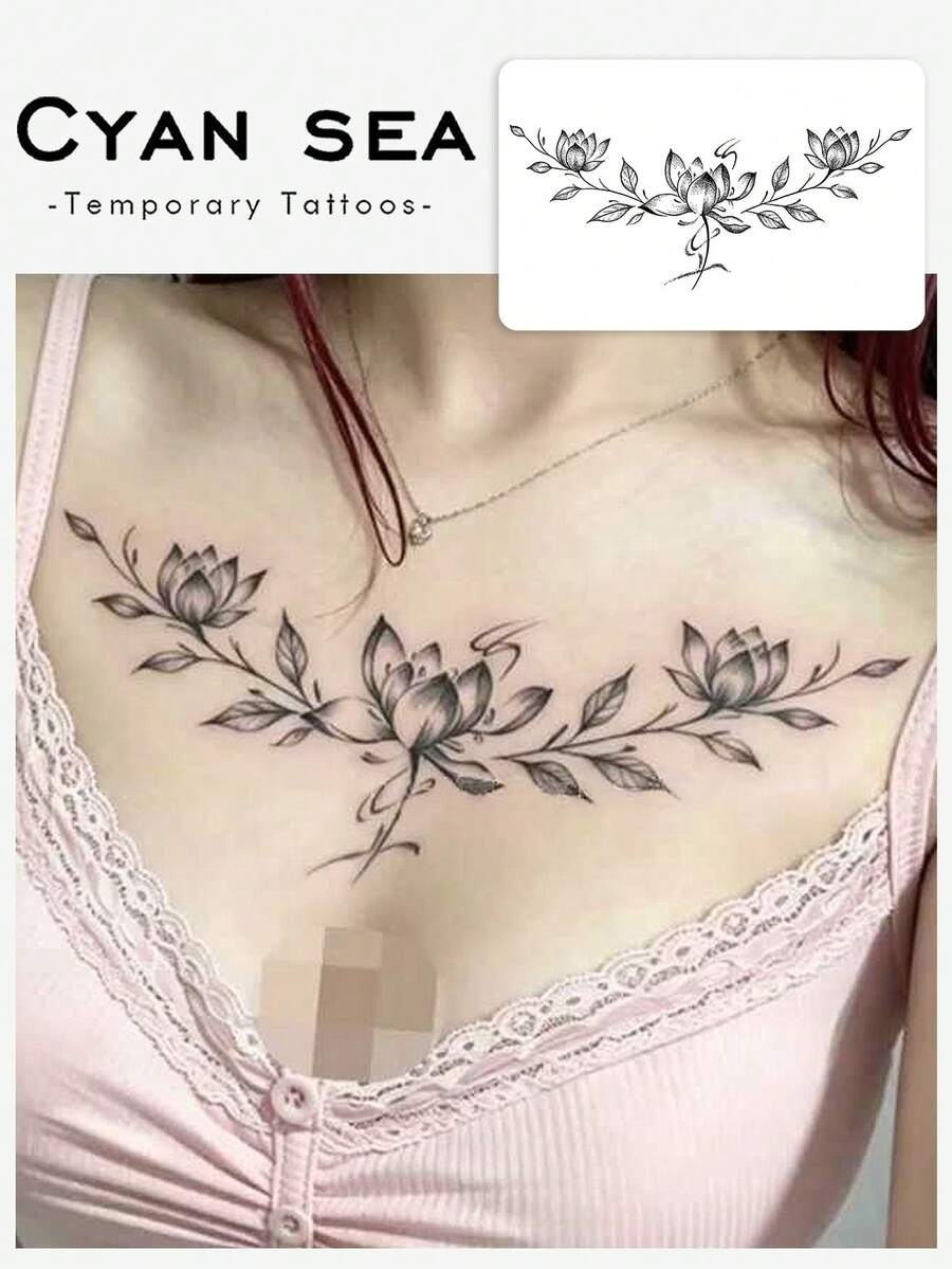 1pc Herbal Temporary Tattoo Sticker, Black‑Grey Dot‑Work Three Lotus With Branches And Leaves Pattern, Realistic Fake Tattoo Design, Suitable For Daily, Bachelorette Party Favors, Music Festivals, Game, Graduation Gifts, Lasts 7‑14 Days - Black - View 1