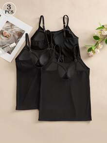 3pcs/Pack Multi-Color Solid Underwear Tank Tops, Fixed Cup With Adjustable Straps, Soft Suit-Like Fabric Layering Camisole - Black - View 3