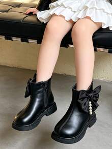 1 Pair Children's Fashion Bow & Pearl Decor Ankle Boots, Simple Leather Upper, Suitable For Dressy Looks, Commuting And Outings, Perfect For Autumn/Winter Styling - Black - View 3