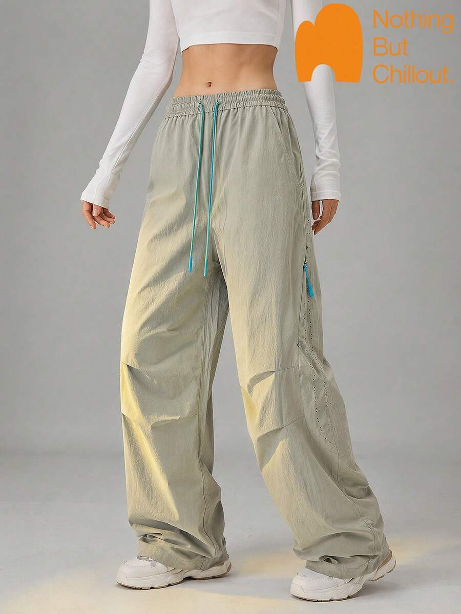 NBCT Women's Functional Cargo Pants, Contrast Color Drawstring Elastic Waist With Multiple Zipper Pockets, Outdoor Hiking Trekking Commute Casual Versatile Long Pants - Sea Salt Grey - View 1