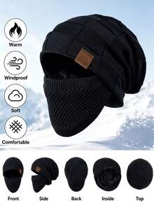 1 buah Balaclava Rajut Kabel Berlapisan Termal Unisex, Topi Pelindung Wajah Penuh Musim Dingin Lembut Elastis Tahan Angin dengan Dekorasi Patch Kulit - MultiWarna - View 6