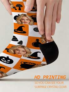 1 Pair Custom Face Halloween Crew Socks, Personalized Photo Socks With Pumpkin, Bat & Candy Print, Funny Spooky Gift For Men Women Couples - Multicolor - View 3