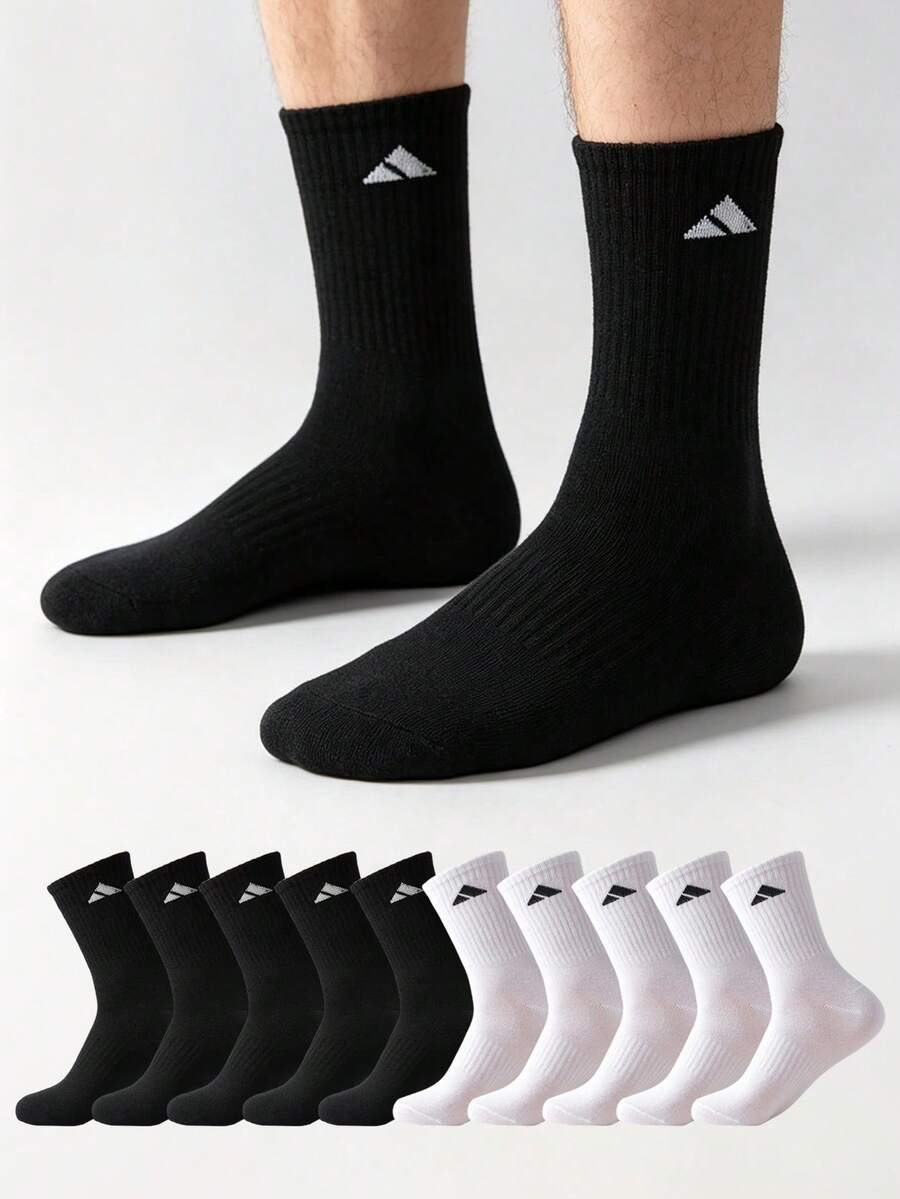 5/10 Pairs Men's Sports Socks, Simple All-Match Solid Color, Vertical Stripe Breathable Mid-Calf Socks, Suitable For Running, Black & White Versatile Style - Multicolor - View 1
