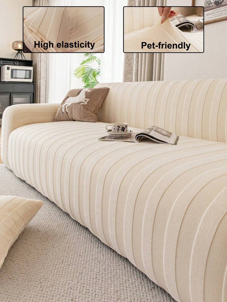 1 buah Sarung Sofa Jacquard Mewah, Pelindung Sofa Warna Polos, Ramah Hewan Peliharaan, Anti Selip, Anti Kotor, Anti Gores, Cocok untuk Semua Musim, Elastis dan Dapat Dicuci dengan Mesin, Cocok untuk Sofa 1/2/3/4 Dudukan - Krem - View 1