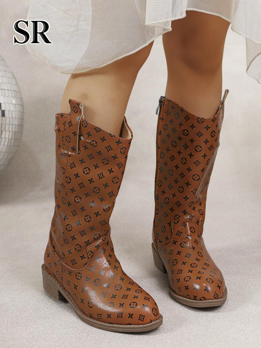 Children's Vintage All-Over Print Side Zipper Western Boots, Fashionable & Exquisite Mid-Calf Boots, Suitable For Daily Wear, Autumn/Winter Essential Item