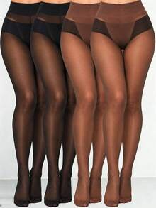 1/4 Pairs Plus Size Sheer Tights, High Waist Semi‑Sheer Pantyhose, Invisible Toe Stretch Hosiery, Black & Coffee Color Pack For Women - Multicolor - View 23