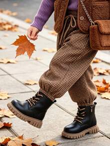 1 Pair Kids Classic Round Toe Side Zipper Boots With Contrast Color Shoelace Decor, Suitable For Holiday Outings, School Commute, All Seasons - Black - View 3