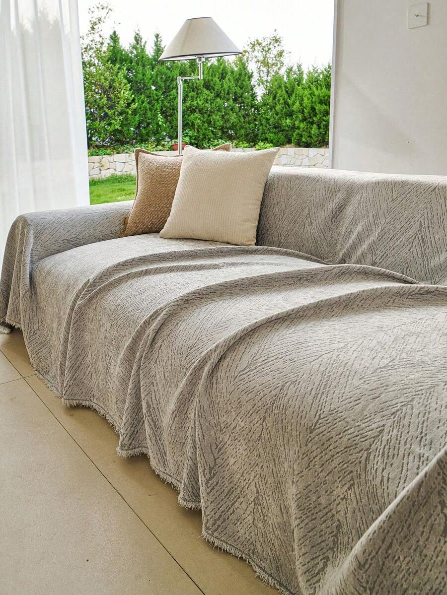 1pc Solid Color Chenille Tassel Integrated Sofa Cover, Pet-Friendly Stain-Resistant Durable, Machine Washable Non-Fading, Versatile Comfortable Chenille Sofa Throw Blanket